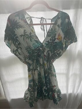 blue island Teal & White Tropical Print Dress